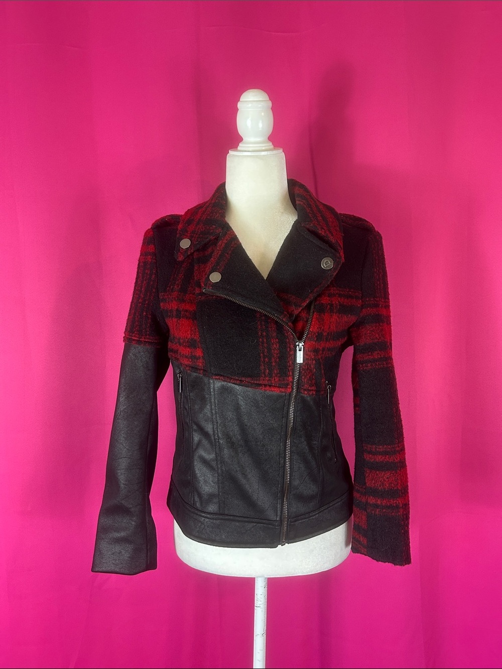 Desigual red plaid moto biker jacket small‎
